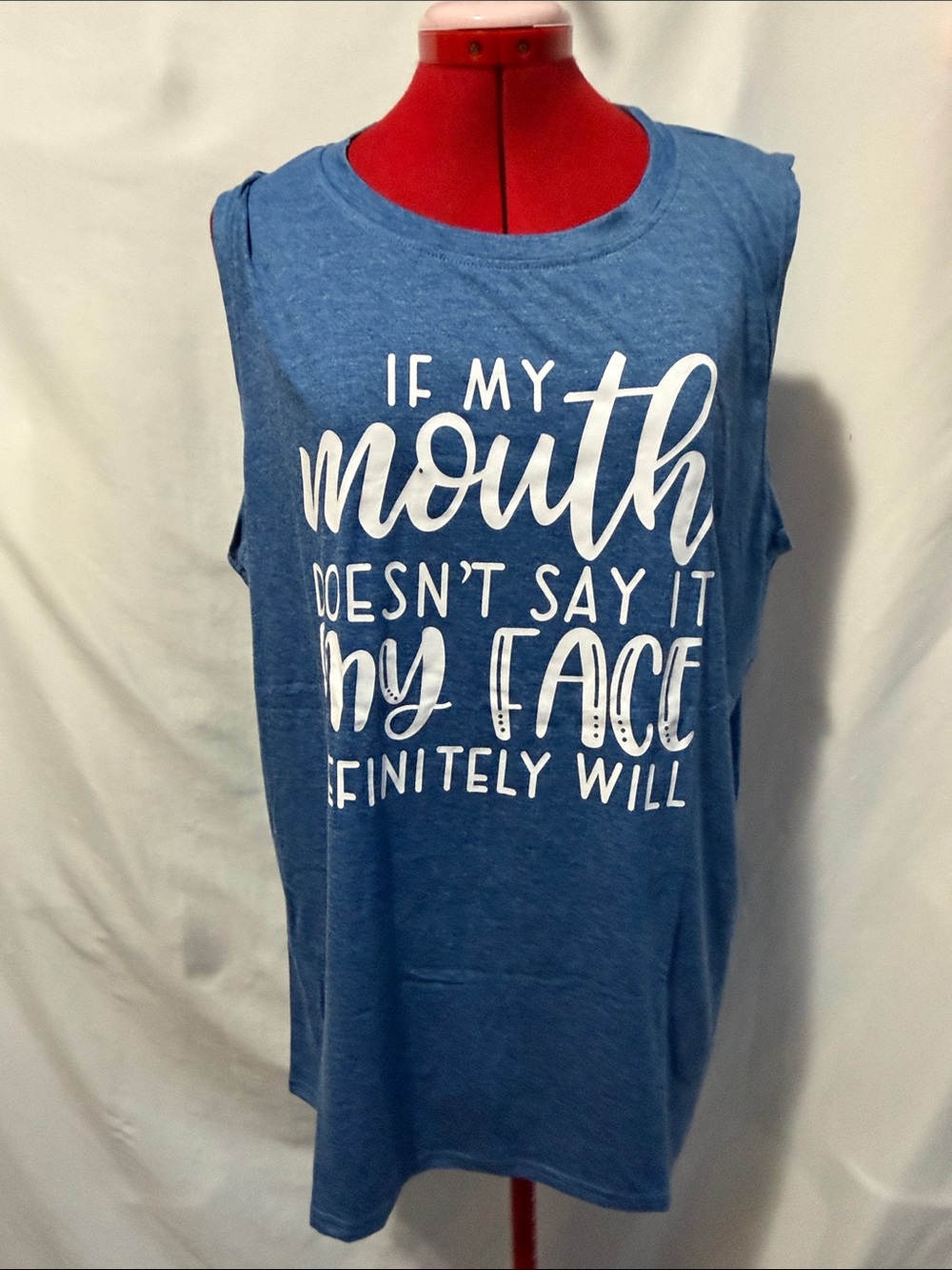 Blue Graphic Sleeveless Tank Top with White Script Slogan
